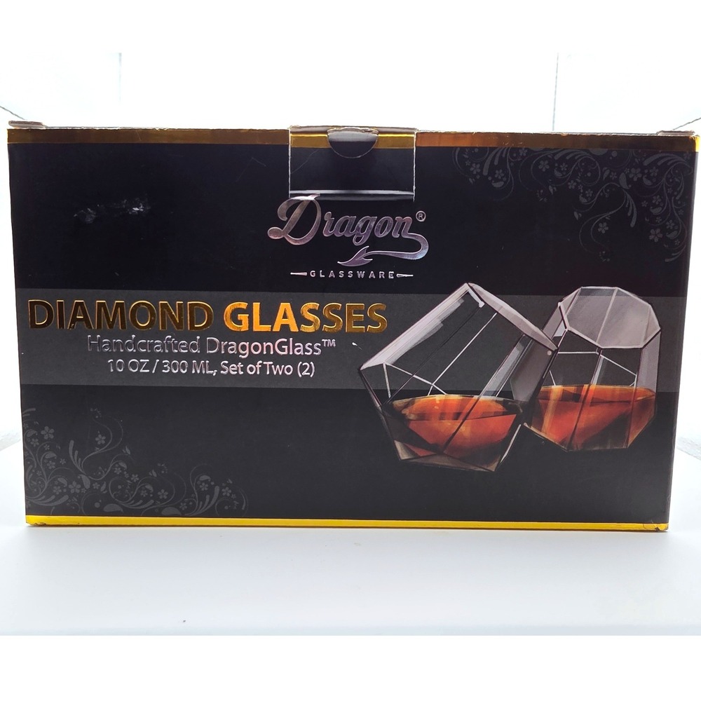 Dragon Glassware Diamond Whiskey Glasses 10oz Clear Excellent Set of 2 with Box